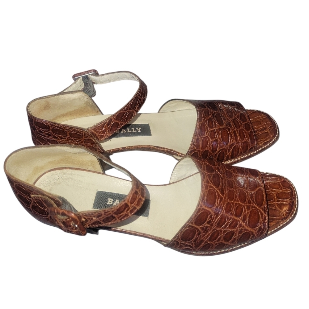 Bally Women's Brown Leather Slingback Open Toe Italy Alligator Embossed Sz 5 - Picture 3 of 9